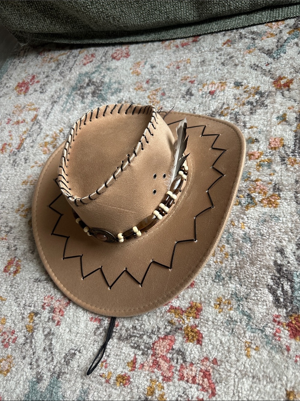 Tan Cowboy Hat with Bead & Feather Band